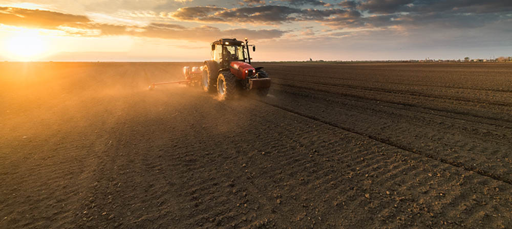 Farmer with tractor seeding - sowing crops at agricultural fields in spring